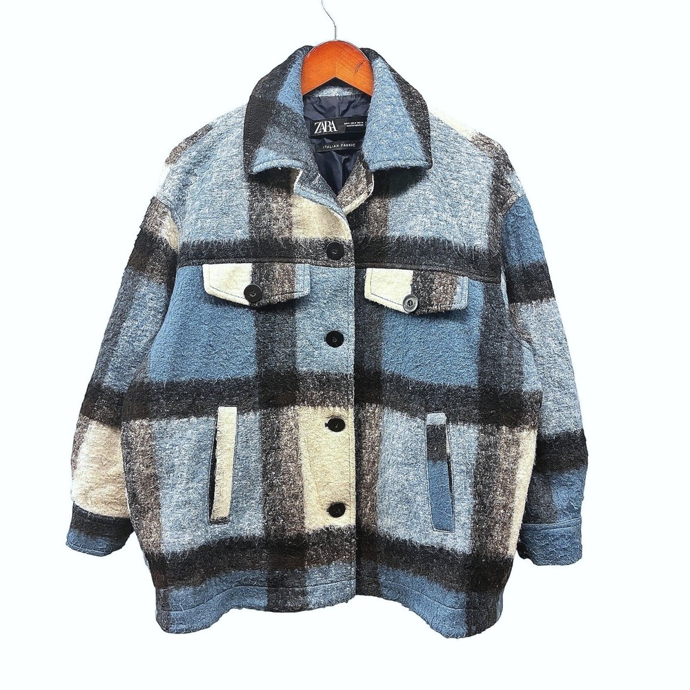 ZARA Plaid Shacket Jacket Womens S Blue Italian Fabric Oversized Button Up Coat